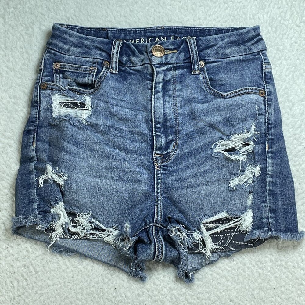 American Eagle Jean Shorts Womens Size 2 Blue Curvy Hi Rise Shortie Stretch 23x2